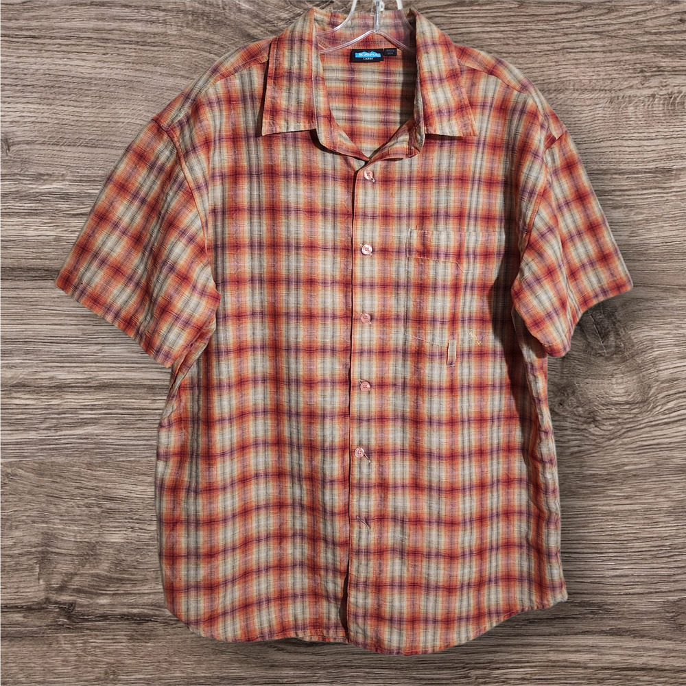 Vintage Kavu textured plaid short sleeve button front shirt‎ men's size large